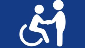 na zdjęciu logo przedstawiające osobę pełnosprawną pomoagającą osobie niepełnosprawnej