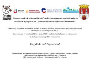 na zdjęciu zaproszenie dla Seniorów do wzięcia udziału w projekcie pod nazwą „Zielony uniwersytet seniorów w Mieroszowie”